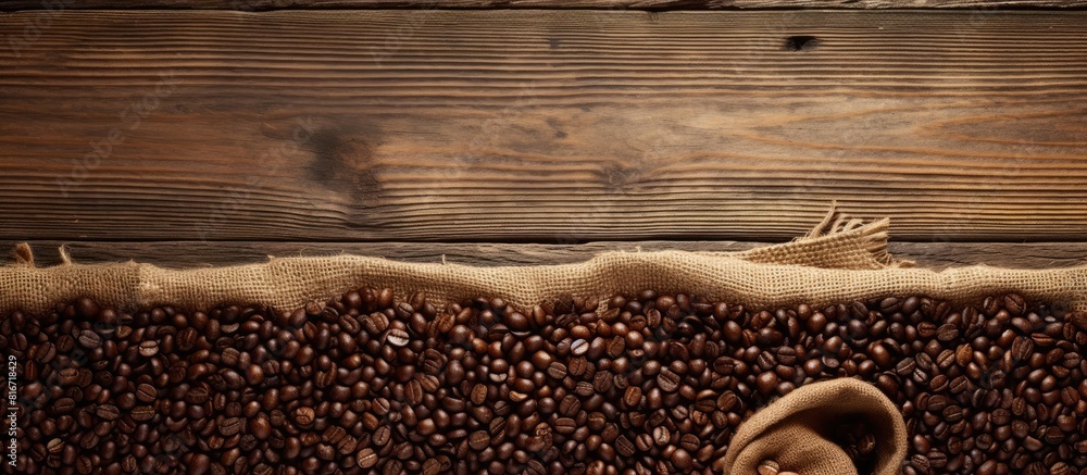 Poster top view of a sack filled with coffee on a wooden background providing copy space for your text or p