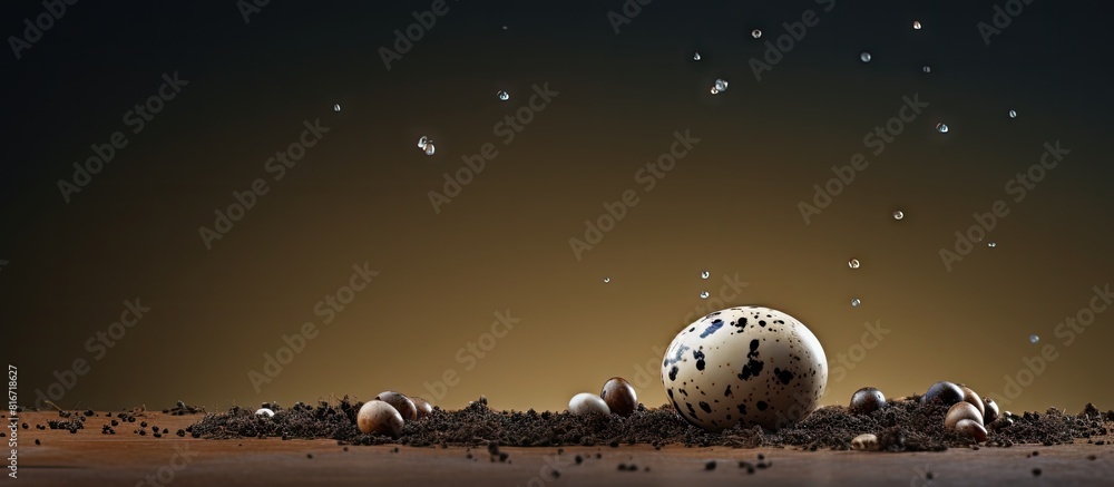Poster on the right side there is a quail egg surrounded by empty space for text or other elements. with co