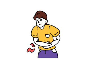 an illustration of a man with a stomach ache. feel pain in the stomach. holding stomach. suffering from digestive disorders. Symptoms of ulcers and GERD. outline style illustration design