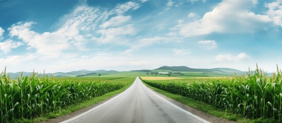 A scenic country road runs alongside an evenly lined row of exquisite corn creating a picturesque setting for a copy space image