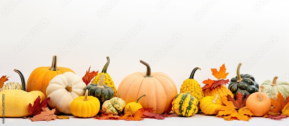Poster a white background showcases an autumn composition featuring various pumpkins vibrant fall leaves an