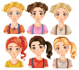 Six cartoon girls with various hairstyles and expressions