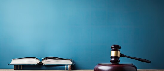 Blue background with a wooden judges gavel on a table in a courtroom or law enforcement office Open law book adds a legal touch Copy space image