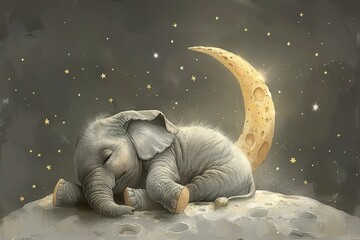 A relaxed and cute baby elephant sleeping on the crescent moon, legs hanging downside the moon