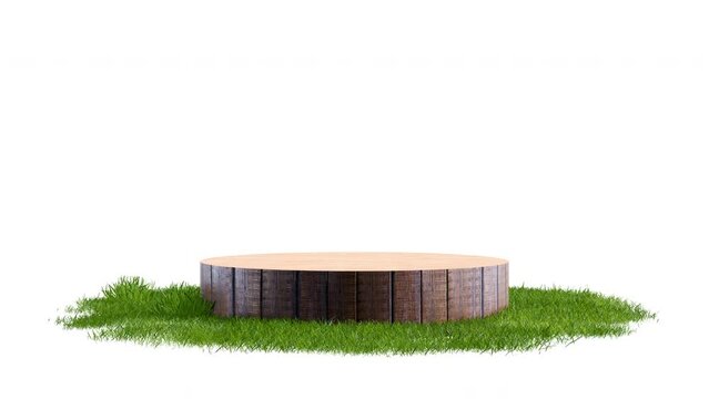 Wood round exhibition stand, podium or pedestal on surface patch covered with green grass rotated on white background. Realistic natural element for presentation. 3d animation with alpha channel.