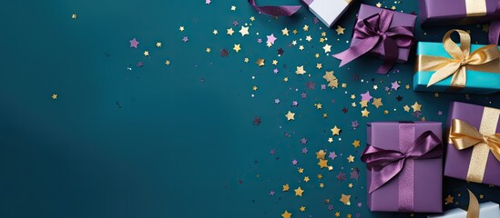 Top view copy space image showcasing gift boxes in purple and turquoise adorned with gold ribbons bows and confetti stars against a blue background creating a festive Christmas and New Year celebrati - Powered by Adobe