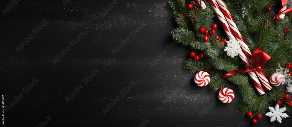 Poster top view of a festive christmas background featuring a beautifully decorated tree and candy canes pe