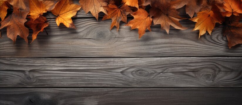 Wooden background with fallen autumn leaves providing a textural side view and a blank space for images. with copy space image. Place for adding text or design