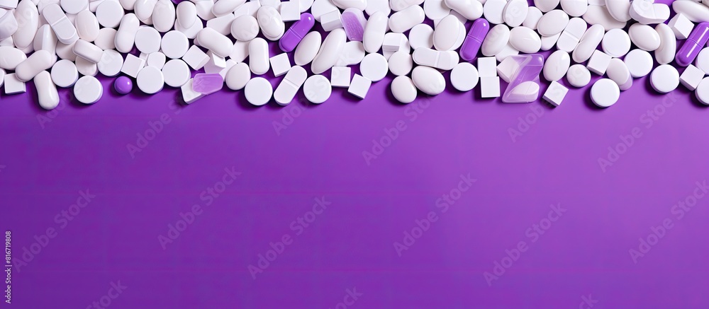 Aufkleber purple background with pills vitamins and supplements sticky note has health or medical care message