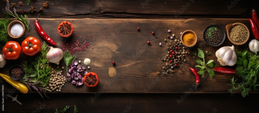 Poster Top view image of a wooden kitchen table showcasing a variety of spices herbs vegetables and a cutting board creating a captivating food cooking background Ample space for additional content