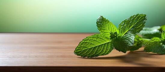 On the wooden table there is a single green mint leaf resting offering an appealing copy space image
