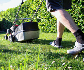 Close up of a man mowing green lawn in the garden at day light