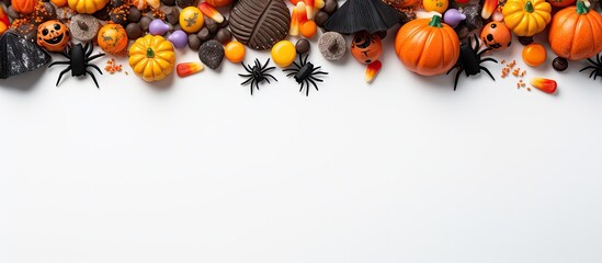 View from above of a Halloween holiday frame featuring colorful candy bats spiders pumpkins and decorations against a white background in a flat lay composition with ample copy space for images