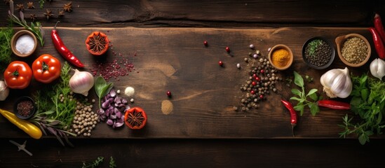 Top view image of a wooden kitchen table showcasing a variety of spices herbs vegetables and a cutting board creating a captivating food cooking background Ample space for additional content