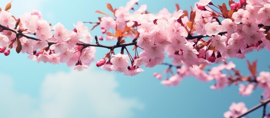 Obraz premium In springtime pink cherry blossoms bloom on branches against a blue sky This abstract nature background features the beautiful sakura flowers in full bloom creating a picturesque scene Copy space ima