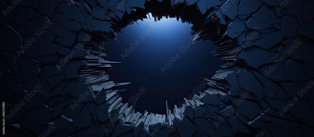 Poster a torn aperture in navy paper against a dark backdrop with ample empty area for text or graphics cop