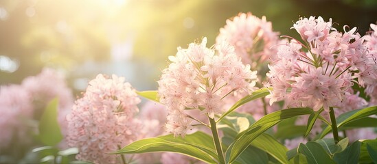 Sunlit pale pink flowers with a backdrop of lush green foliage Copy space image