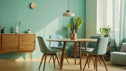 Modern aesthetic dinning area , with round table with a plant , hanging lamp, sea green chairs and background wall 