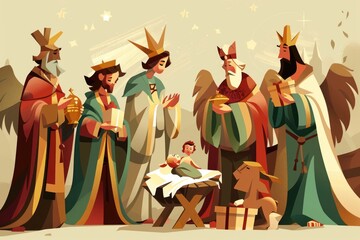 Obraz premium Biblical scene of three wise men visiting baby Jesus. Suitable for religious themes and Christmas concepts
