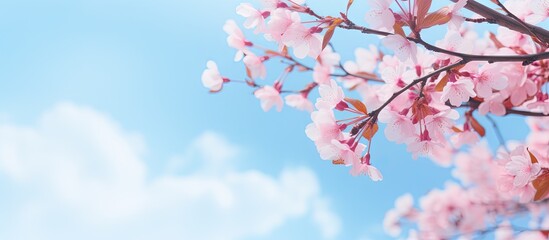 In spring under a sunny blue sky stunning pink cherry blossoms sakura bloom in full creating a captivating sight with a natural background Copy space image