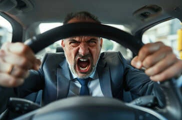 Side view of screaming bearded business man in suit driving a car and beeps