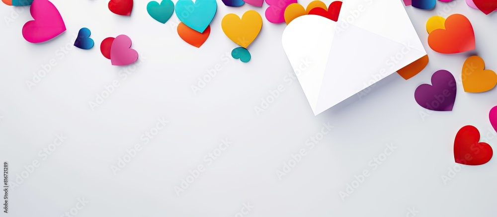 Poster A copy space image with a white background featuring multicolored hearts and a note sheet