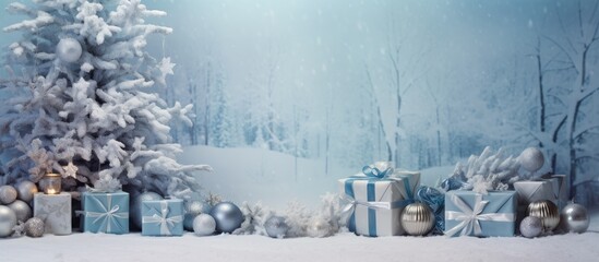 A winter themed still life capturing the essence of Christmas with snow covered branches festive decorations and wrapped gift boxes creating space for a perfect holiday image. with copy space image