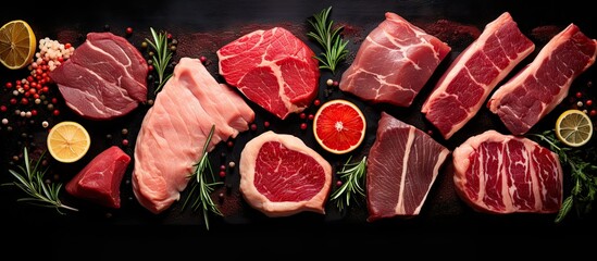 Copy space image of a top view of a variety of raw steaks including salmon beef pork and chicken placed on a black background