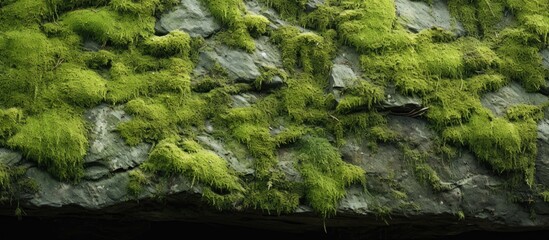 The copy space image shows a rugged stone surface covered in lush green moss enhancing its overall texture