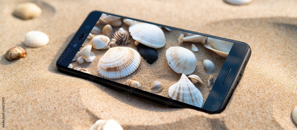 Aufkleber Seashells on the beach with a black smartphone displaying a blank screen Copy space image