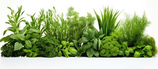 A visually appealing copy space image of vibrant green herbs set against a clean white background