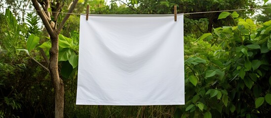 A white paper sheet hangs on a clothesline creating a copy space image - Powered by Adobe