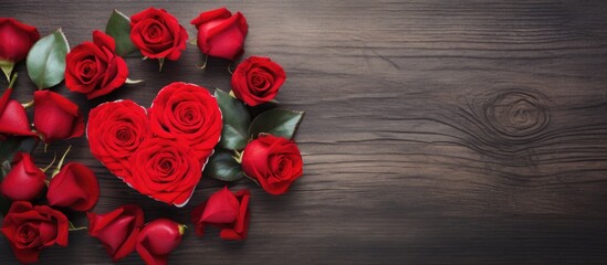 Top view composition of a red rose and heart on a table specifically arranged for Valentine s Day The image emphasizes the holiday concept with a flat lay design and ample copy space