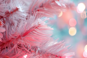 Closeup of a whimsical christmas tree in pastel pink and white with a soft bokeh effect