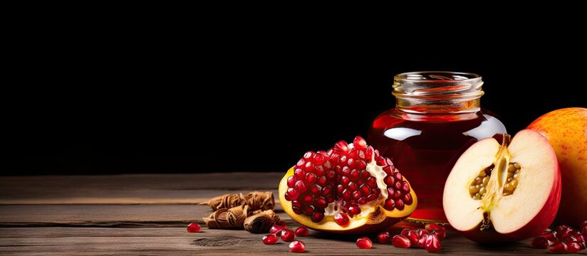 Traditional Rosh Hashana delicacies like pomegranate honey and apple are beautifully showcased on an old wooden background offering a captivating copy space image