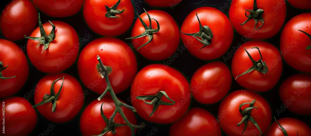 Poster A top down view of red juicy tomatoes neatly packaged on a gray background with ample copy space for text or images