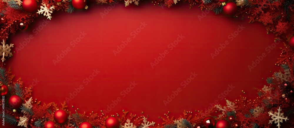 Poster Top view of a red Christmas background featuring an oval frame The festive border creates a happy holidays atmosphere and provides a copy space image for adding text