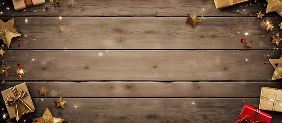 Top view of a festive Christmas greeting card featuring gift boxes on a wooden texture background The Xmas backdrop includes generous copy space for your personal greetings