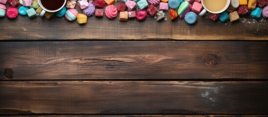 Copy space image of vintage wooden background with sweet candies and cups of coffee