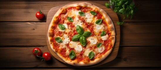 Top down view of a Pizza Margherita placed on a wooden background perfect for showcasing content with ample copy space