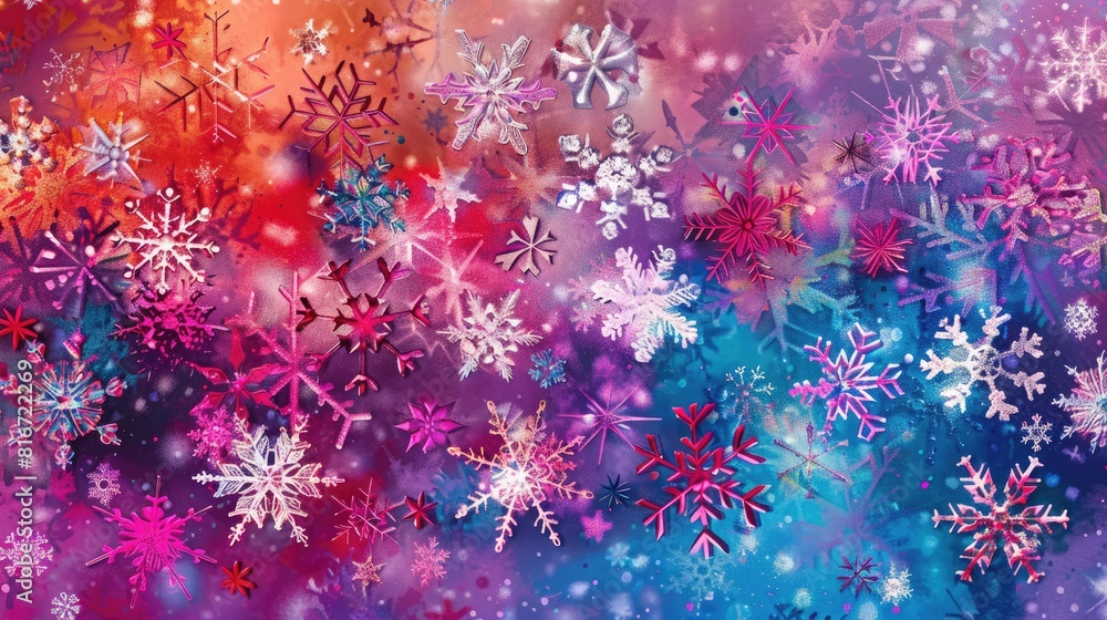 Poster diverse colorful snowflakes on abstract background large and small sizes