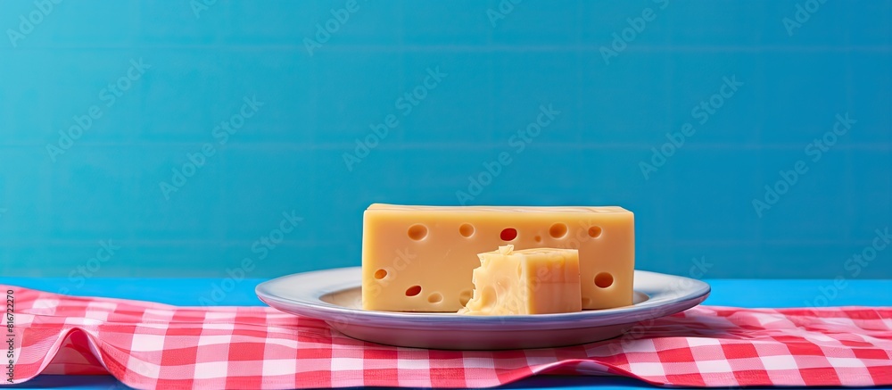 Poster rectangular processed cheese on blue saucer pink background red checkered towel dairy products food 