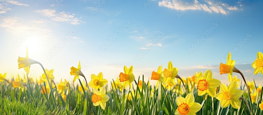 Poster In springtime a picturesque meadow is adorned with vibrant daffodil flowers creating a captivating copy space image