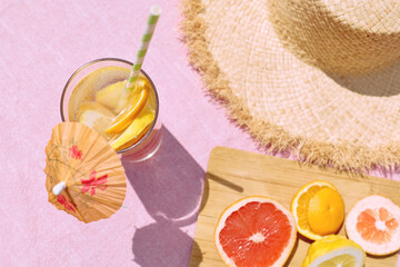 Summer refreshing lemonade drink with grapefruit, lemon and orange slices. Fresh healthy cold...