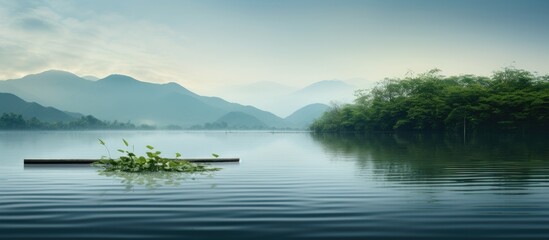 A serene creek reservoir scene with a bamboo raft floating peacefully through the water offering ample copy space for images