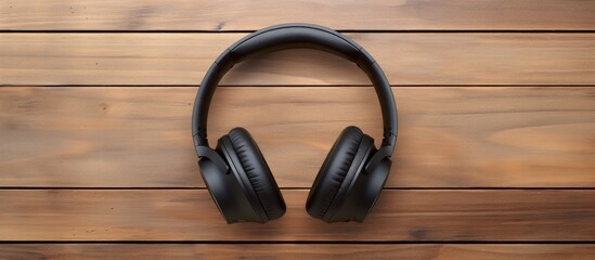 There is a top view of wireless Black headphones placed on a wooden table with a background that has copy space for images or text