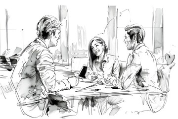 Black and white drawing of three people sitting at a table. Suitable for various design projects