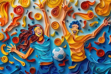 Paper cut of a man and a woman having fun with a soccer ball. Suitable for sports and leisure concepts