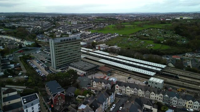 Drone footage of the Intercity House at Plymouth railway station in Plymouth, Devon, England, UK