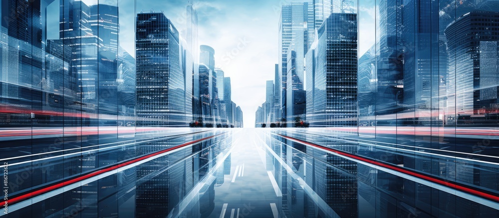 Poster The sleek design of modern architecture blends seamlessly with the bustling urban landscape and its busy thoroughfares. with copy space image. Place for adding text or design